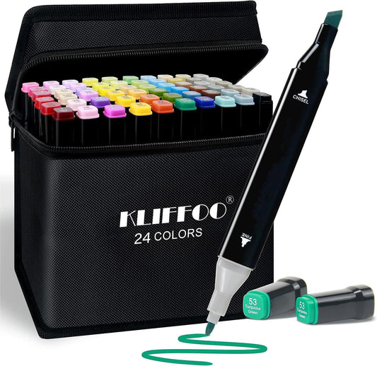 Dual Tip Colorful Art Markers 24 Colors Sketch Pens With Carry Bag For Painting Sketching Calligraphy Drawing,Chisel & Fine Tip Water Based Colouring Marker For Kids & Adult,Multicolor (24)